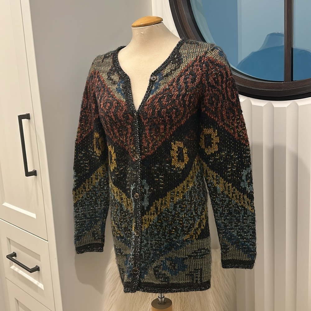 Peruvian Connection Sweater Coat. Multi colour. Size S. Feels like Wool blend.